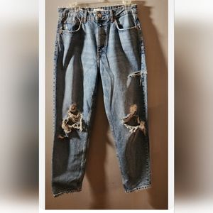 Zara Jeans Womens 8 Mom Slim Fit Blue High Waist Distressed Cotton